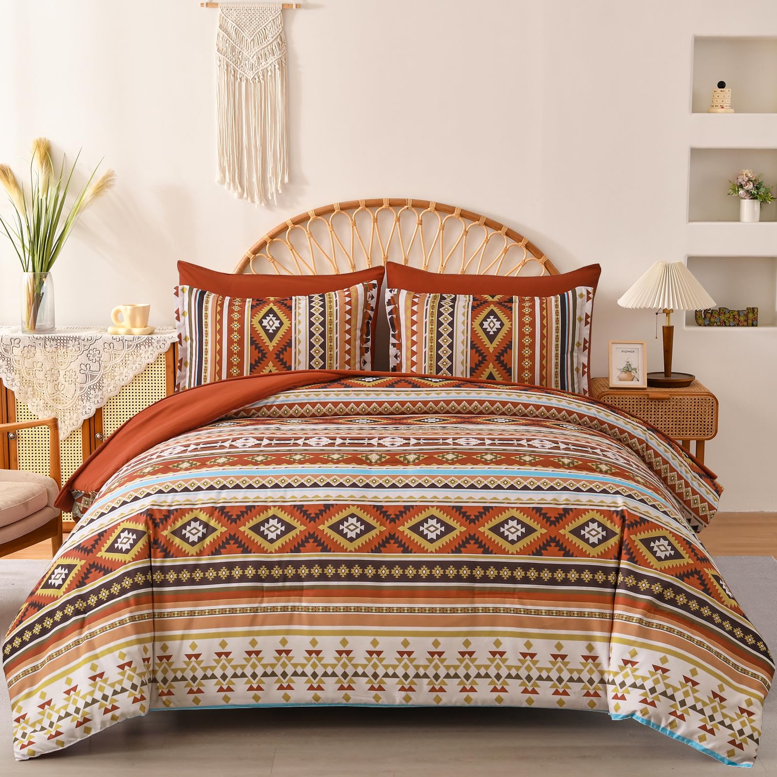 Burn Orange/Terracotta Comforter Set King, Boho Bed In A Bag King Size 7 Piece Aztec Striped Bedding Set Fall Comforters Bed For